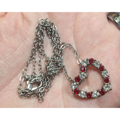 Valentine's Red And Clear Rhinestone Open Heart Pendant Necklace