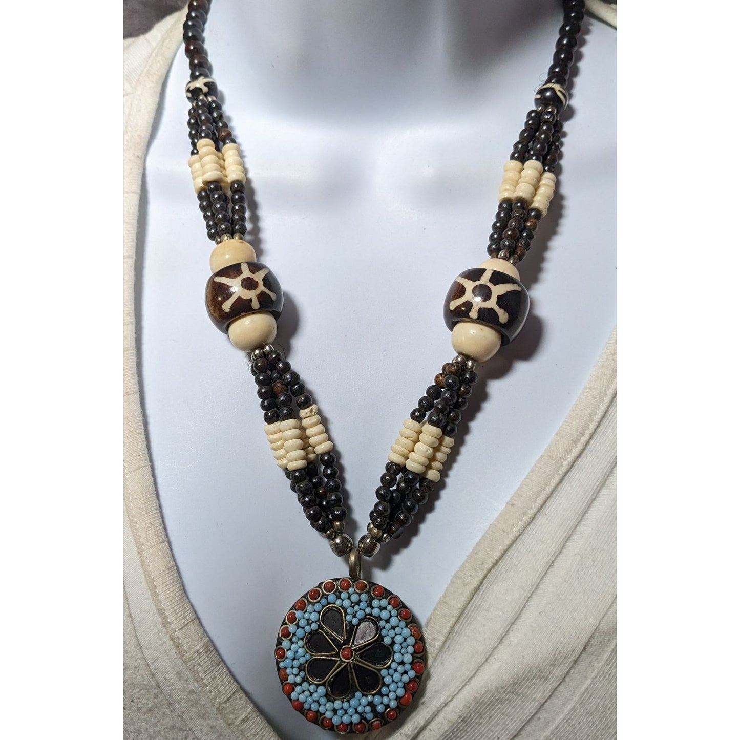 Vintage Handmade Beaded Ethnic Wood Metal And Glass Medallion Necklace