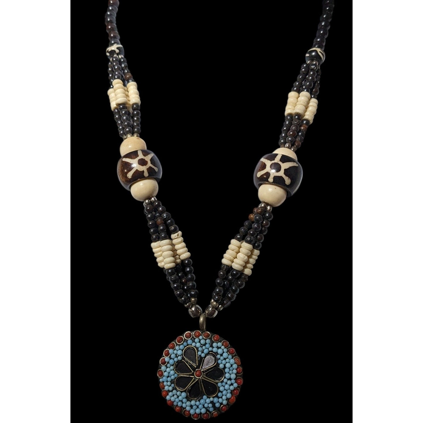 Vintage Handmade Beaded Ethnic Wood Metal And Glass Medallion Necklace