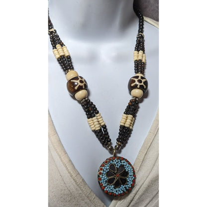 Vintage Handmade Beaded Ethnic Wood Metal And Glass Medallion Necklace