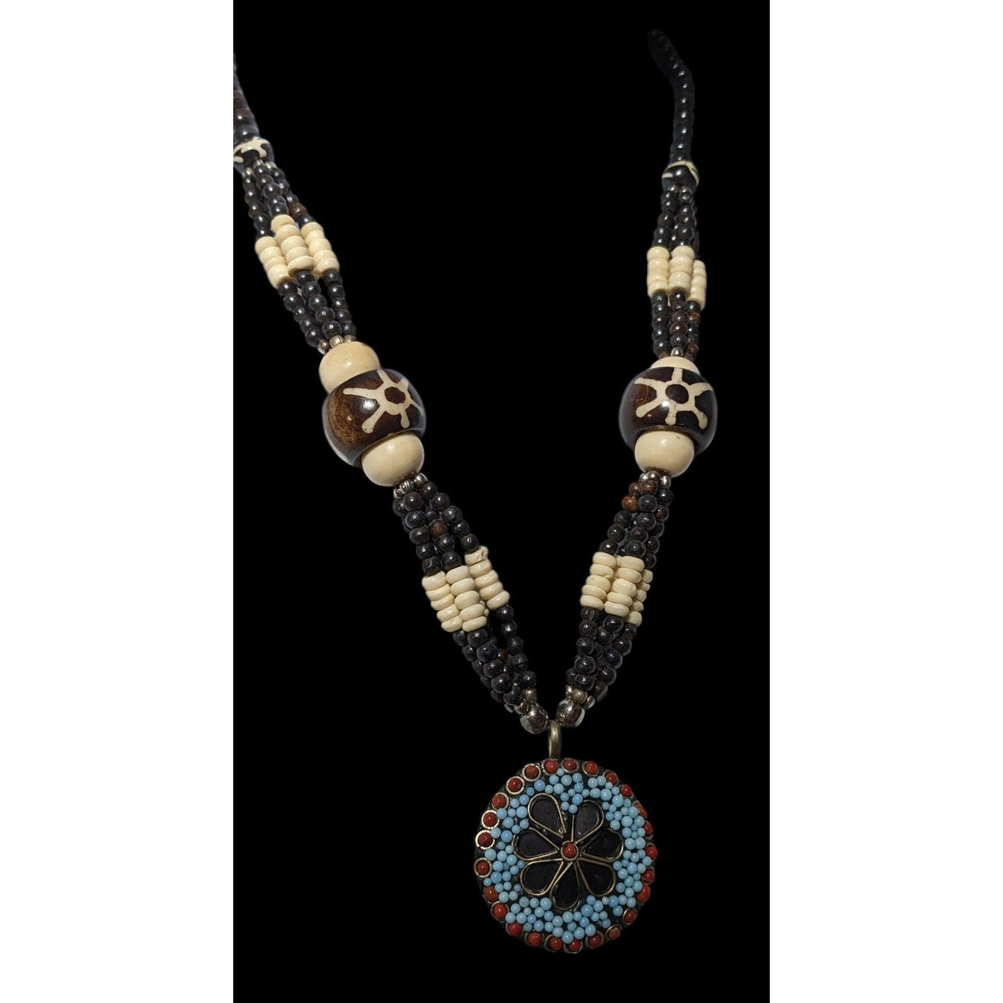 Vintage Handmade Beaded Ethnic Wood Metal And Glass Medallion Necklace