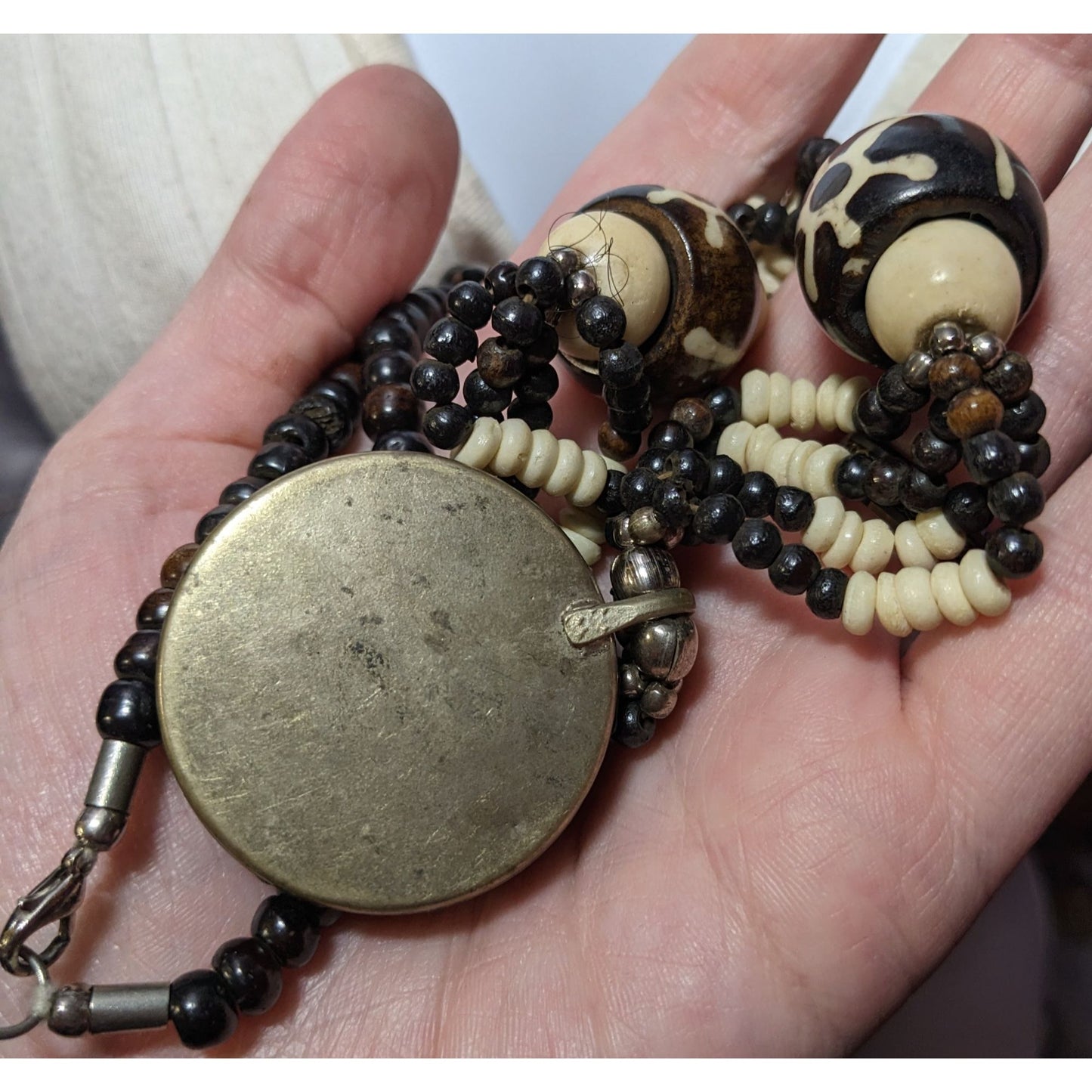 Vintage Handmade Beaded Ethnic Wood Metal And Glass Medallion Necklace