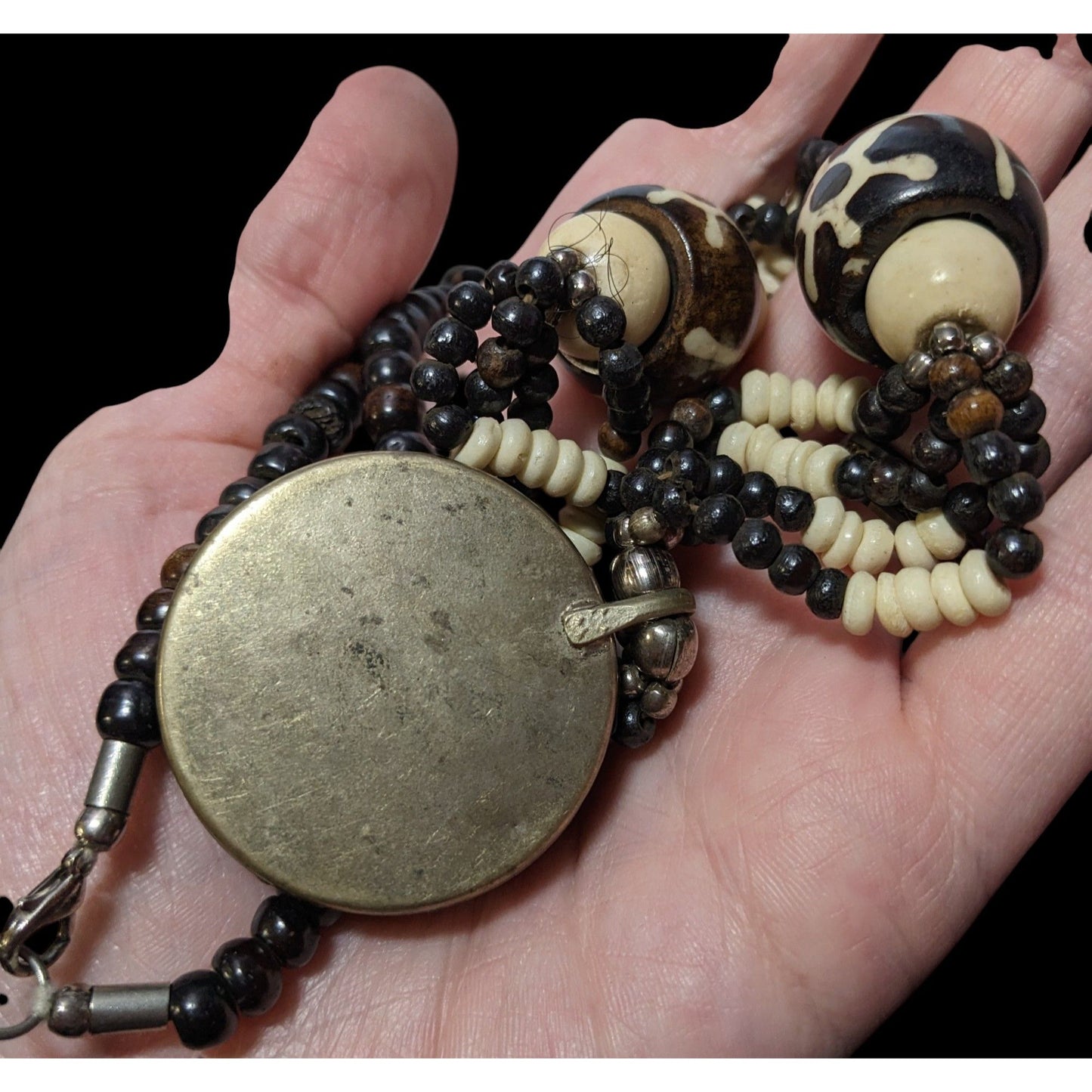 Vintage Handmade Beaded Ethnic Wood Metal And Glass Medallion Necklace