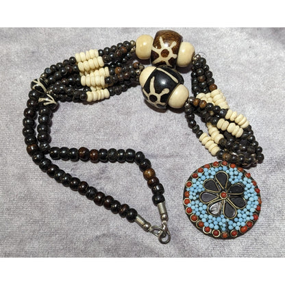 Vintage Handmade Beaded Ethnic Wood Metal And Glass Medallion Necklace