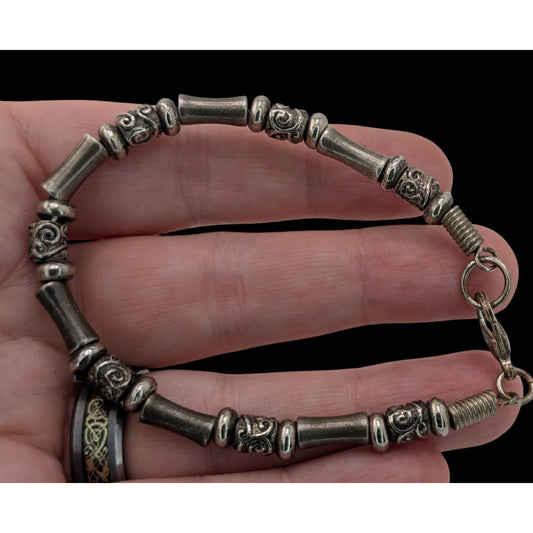 90s Boho Tribal Vintage Silver Tone Ornate Beaded Bracelet