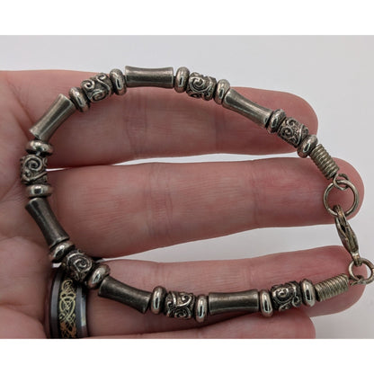 90s Boho Tribal Vintage Silver Tone Ornate Beaded Bracelet