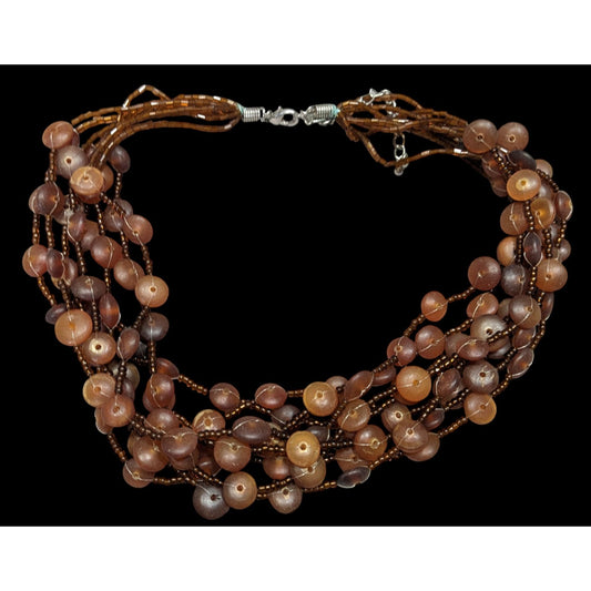 Vintage Retro Multi-Strand Beaded Necklace With Brown Glass & Acrylic Beads