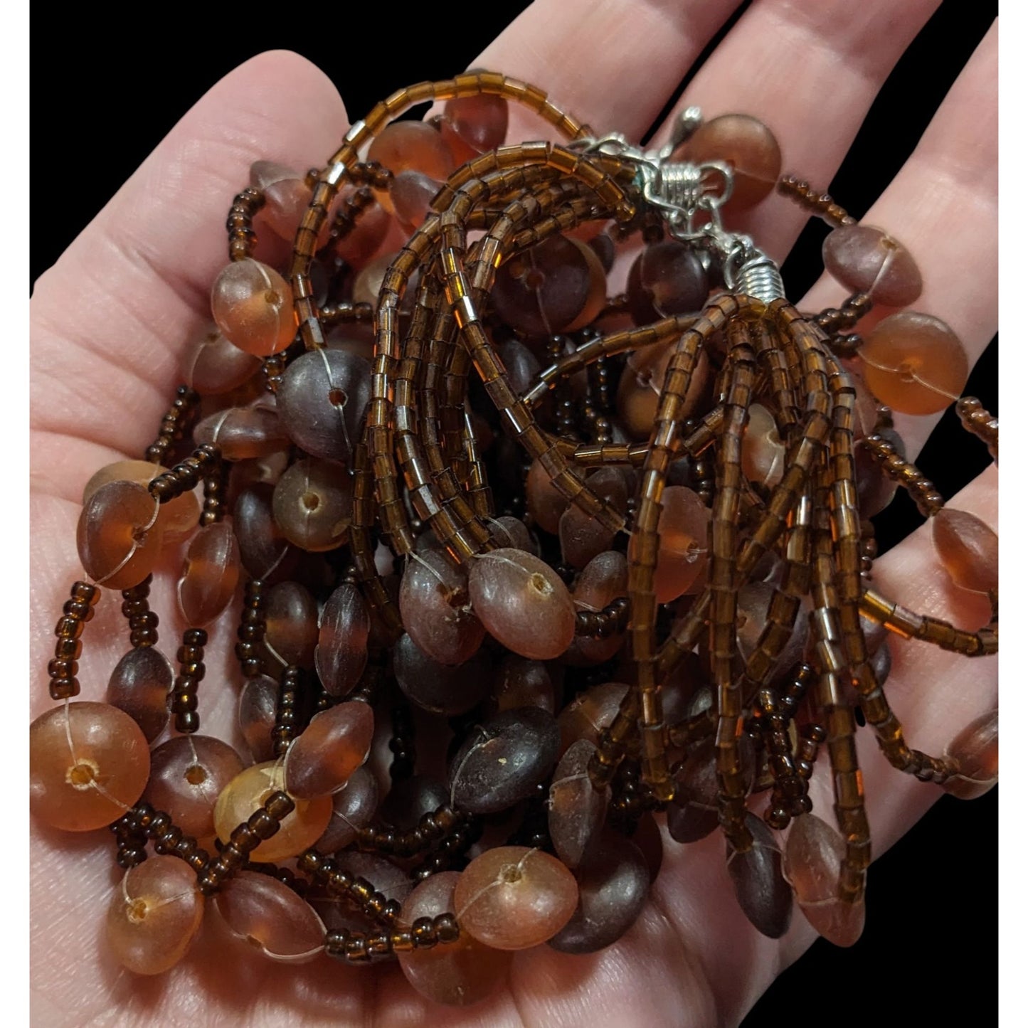 Vintage Retro Multi-Strand Beaded Necklace With Brown Glass & Acrylic Beads
