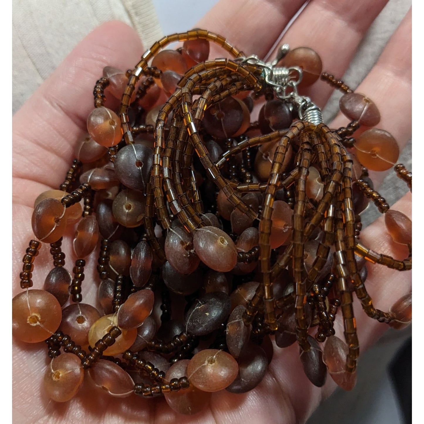 Vintage Retro Multi-Strand Beaded Necklace With Brown Glass & Acrylic Beads