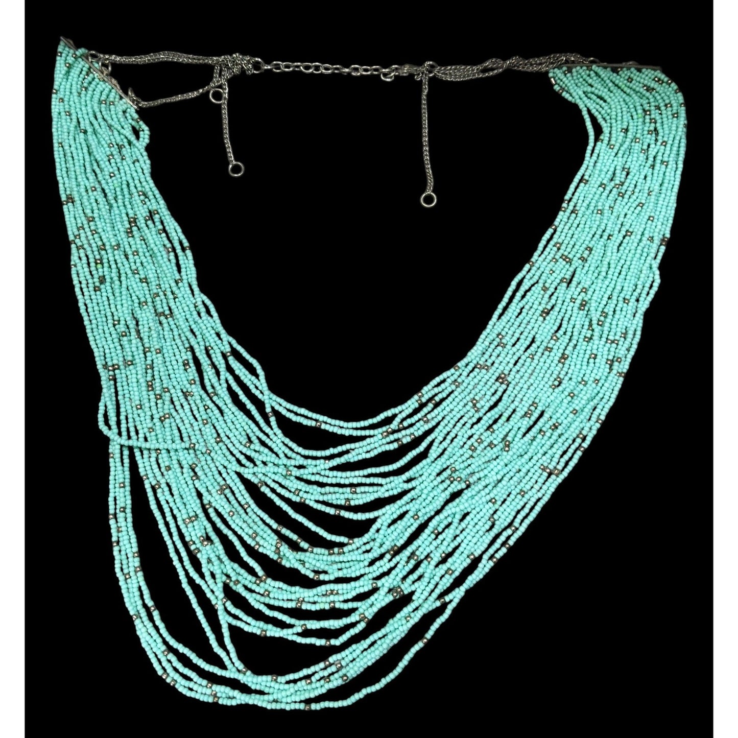 Multilayer Turquoise And Silver Tone Glass Beaded Necklace