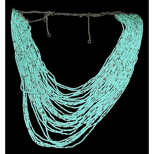 Multilayer Turquoise And Silver Tone Glass Beaded Necklace