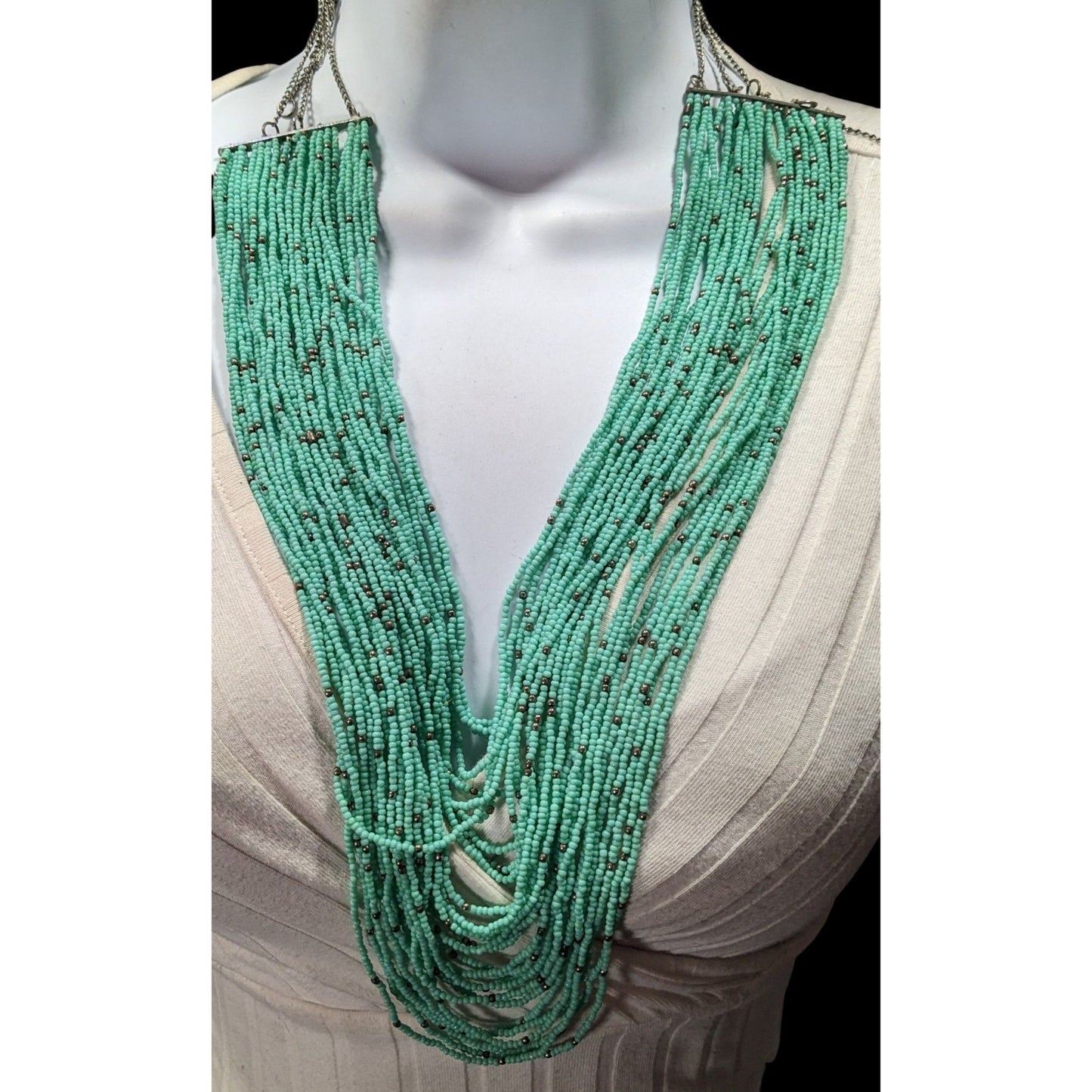Multilayer Turquoise And Silver Tone Glass Beaded Necklace