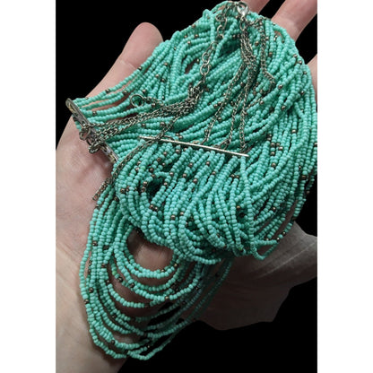 Multilayer Turquoise And Silver Tone Glass Beaded Necklace