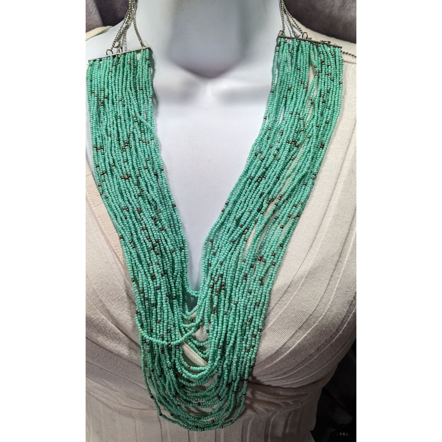 Multilayer Turquoise And Silver Tone Glass Beaded Necklace