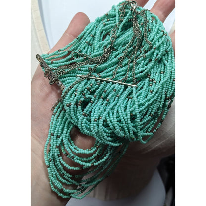 Multilayer Turquoise And Silver Tone Glass Beaded Necklace
