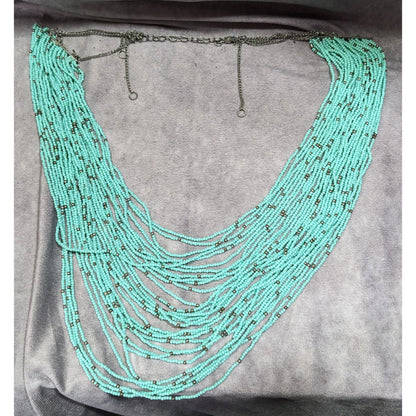 Multilayer Turquoise And Silver Tone Glass Beaded Necklace