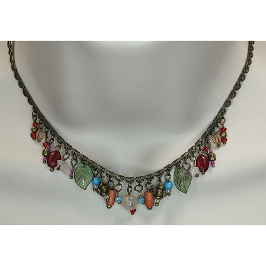 Vintage Boho Charm Necklace With Nature-Inspired Beads & Leaf Pendants In Multicolor Fringe Style Adjustable Chain Length