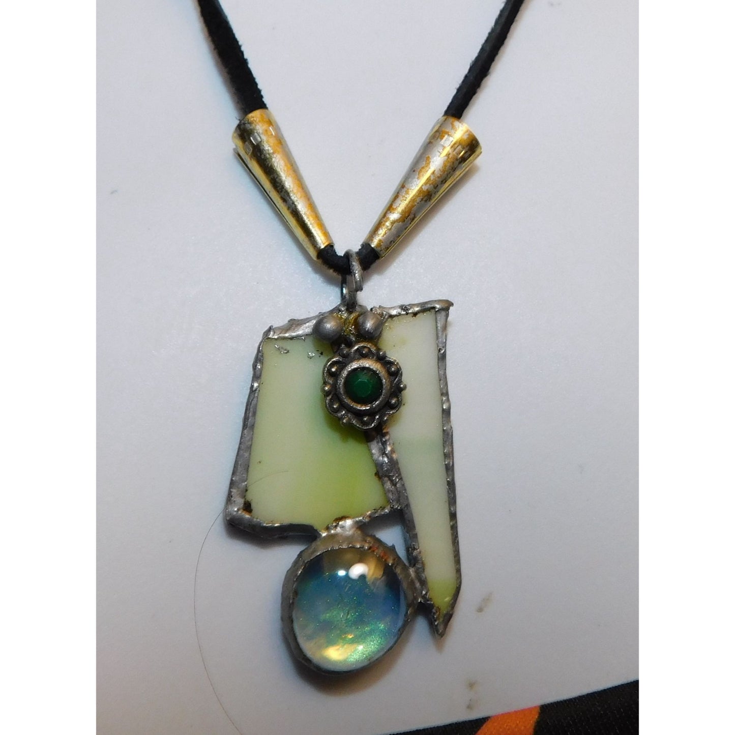 Handmade Abstract Green Stained Glass Pendant Necklace