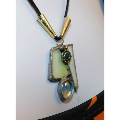 Handmade Abstract Green Stained Glass Pendant Necklace