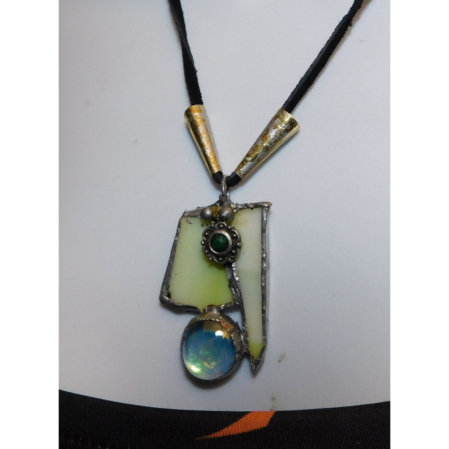 Handmade Abstract Green Stained Glass Pendant Necklace