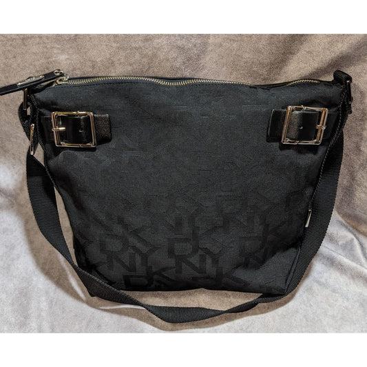 DKNY Black Canvas Shoulder Bag With Buckle Accents & Zip Closure