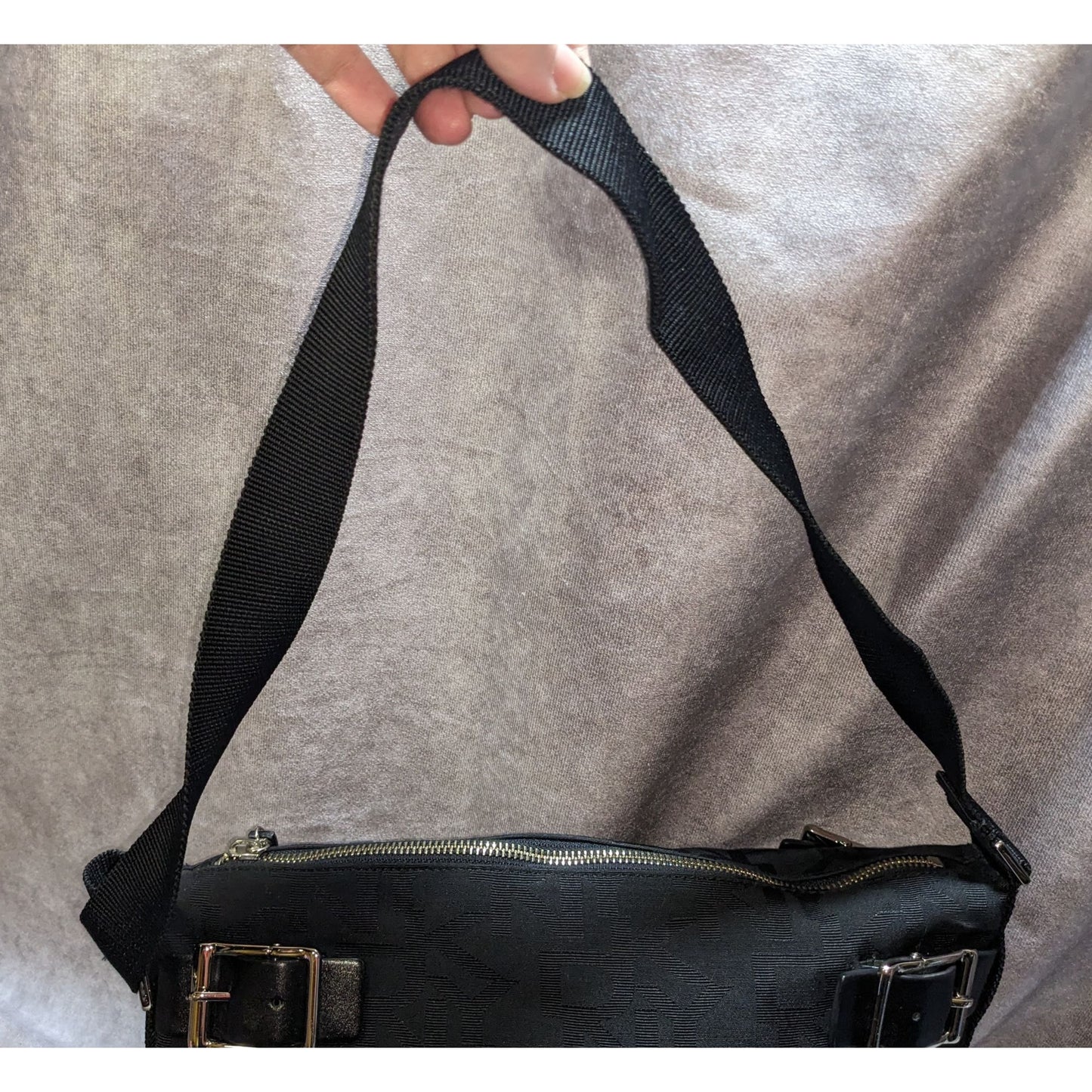 DKNY Black Canvas Shoulder Bag With Buckle Accents & Zip Closure