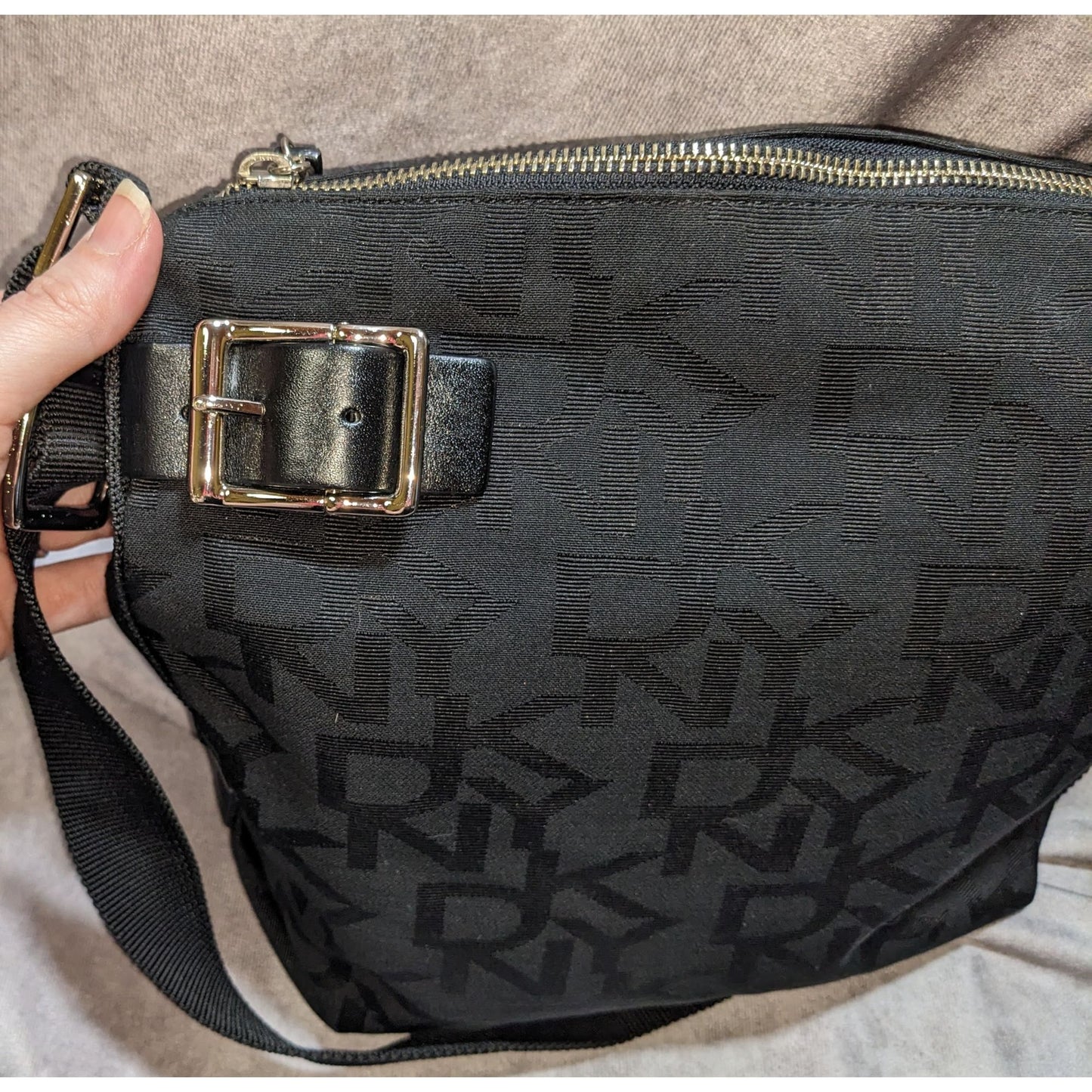DKNY Black Canvas Shoulder Bag With Buckle Accents & Zip Closure