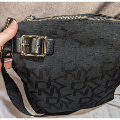 DKNY Black Canvas Shoulder Bag With Buckle Accents & Zip Closure
