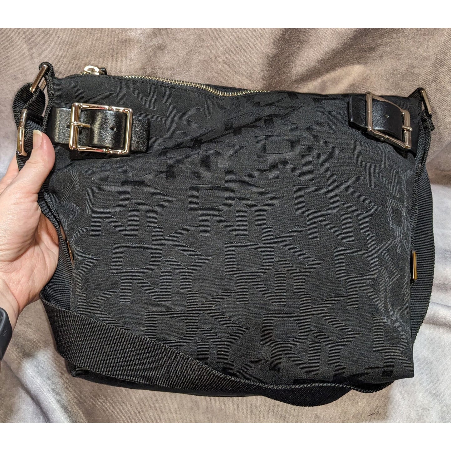 DKNY Black Canvas Shoulder Bag With Buckle Accents & Zip Closure