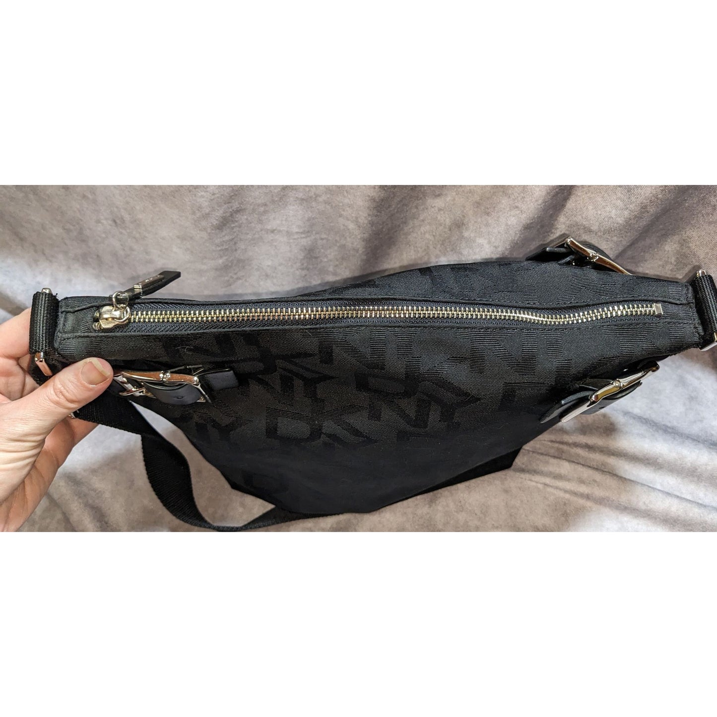 DKNY Black Canvas Shoulder Bag With Buckle Accents & Zip Closure