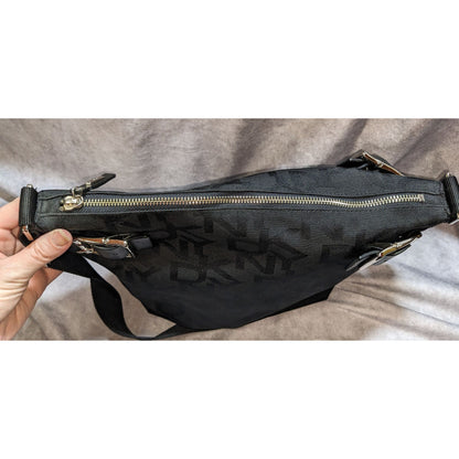DKNY Black Canvas Shoulder Bag With Buckle Accents & Zip Closure
