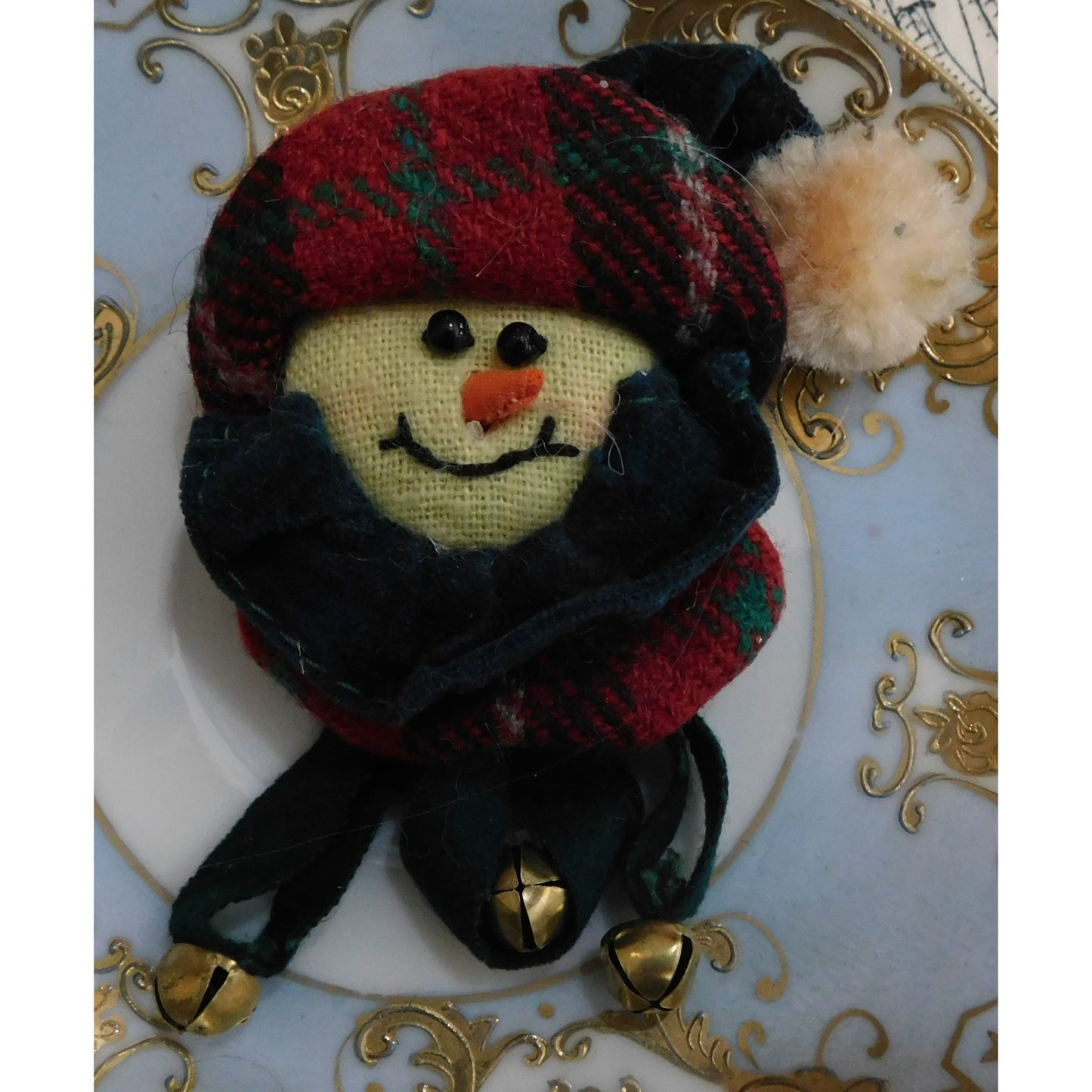 Vintage 90s Plush Snowman Brooch With Bell Accents
