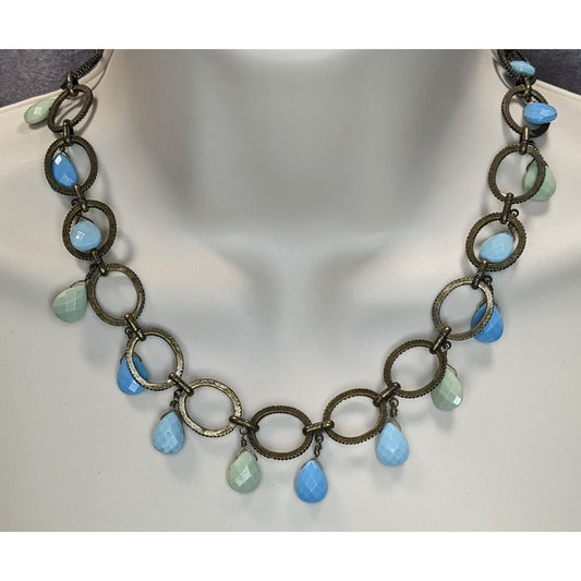 Boho Aqua Vintage Premier Designs Teardrop Fringe Circle Link Necklace