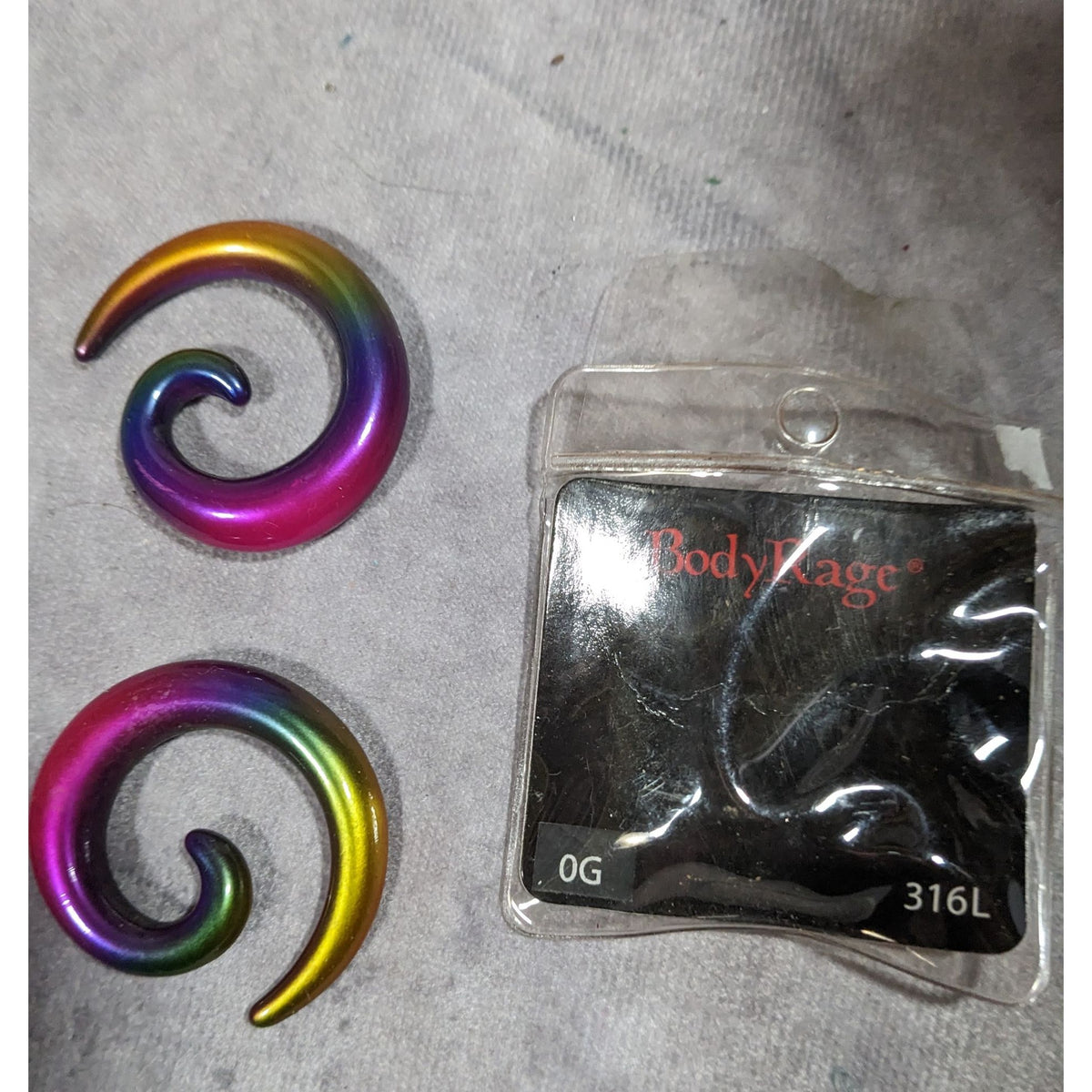 BodyRage Alternative 316L Steel Rainbow Spiral Tapers 0G NWT