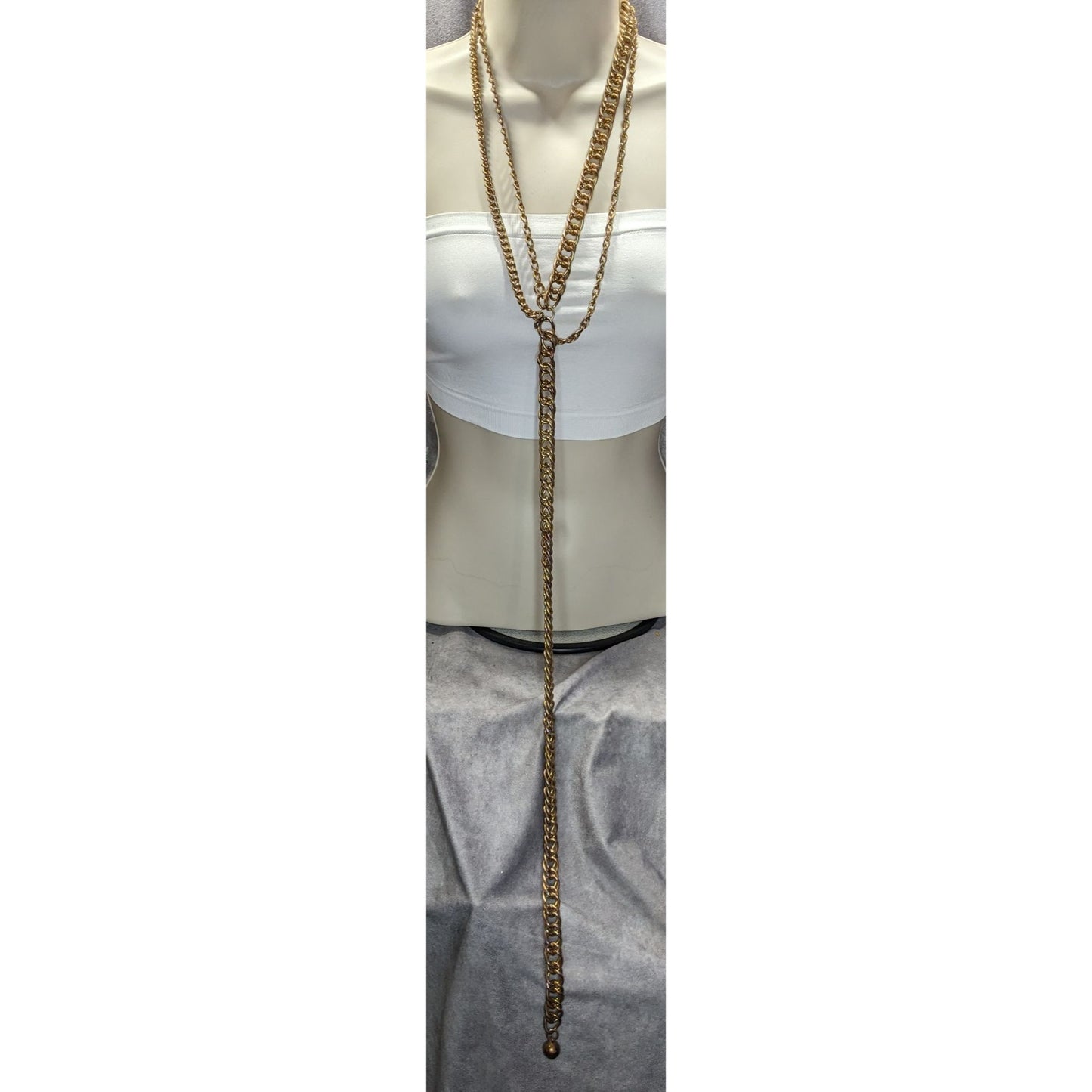 Chunky Gold Tone Multi Chain Y Drop Necklace Heavy Statement Metal Glam 22 Inch Drop