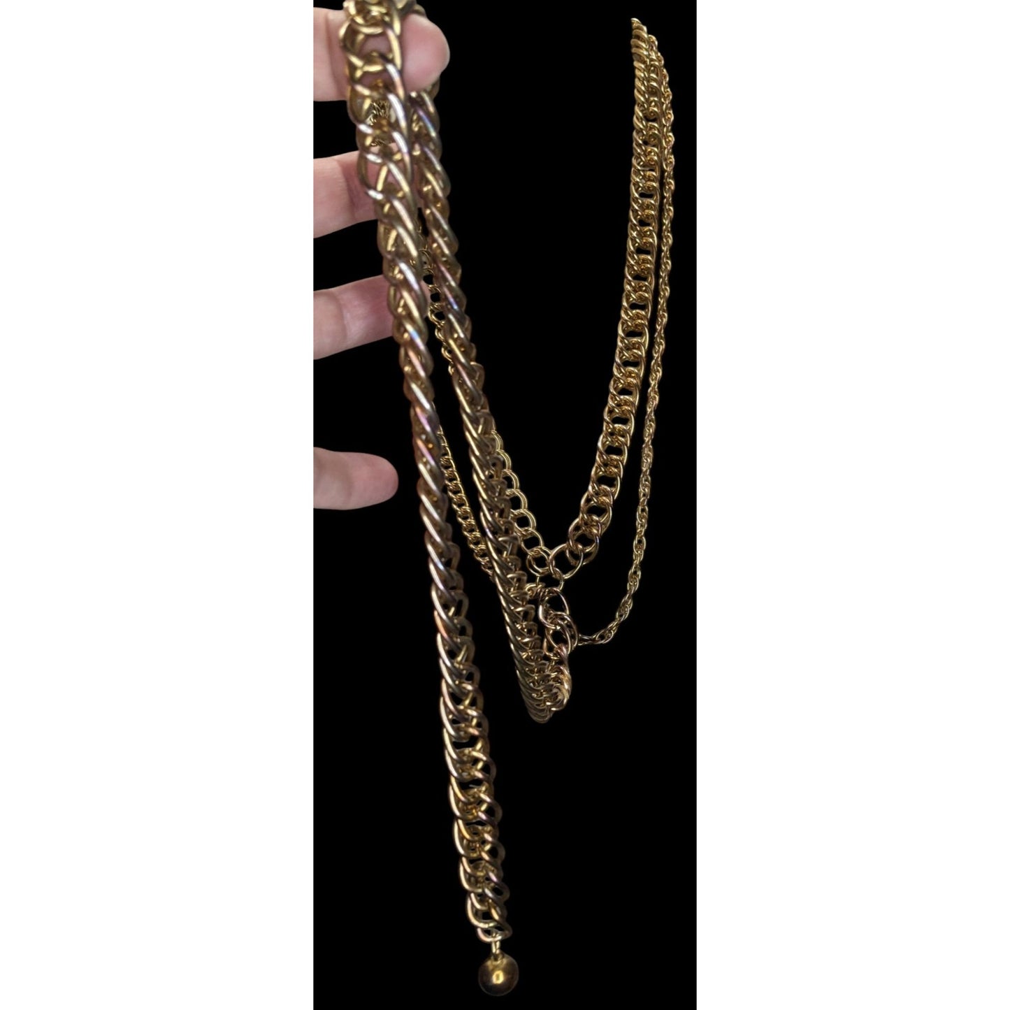 Chunky Gold Tone Multi Chain Y Drop Necklace Heavy Statement Metal Glam 22 Inch Drop