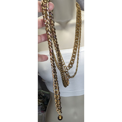 Chunky Gold Tone Multi Chain Y Drop Necklace Heavy Statement Metal Glam 22 Inch Drop