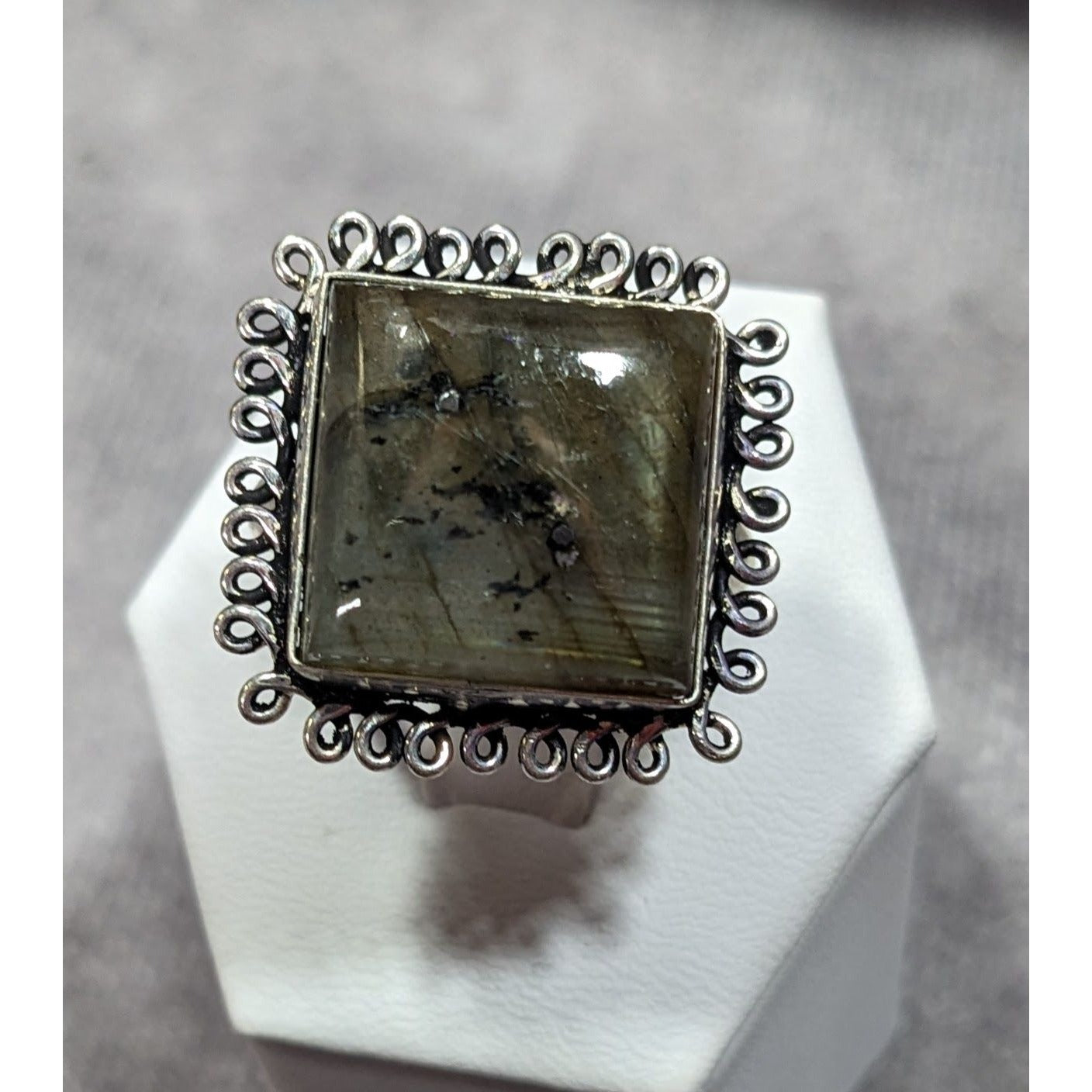 Whimsical Labradorite Square Cut Sterling Silver Ring Size 10