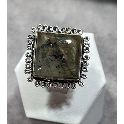 Whimsical Labradorite Square Cut Sterling Silver Ring Size 10