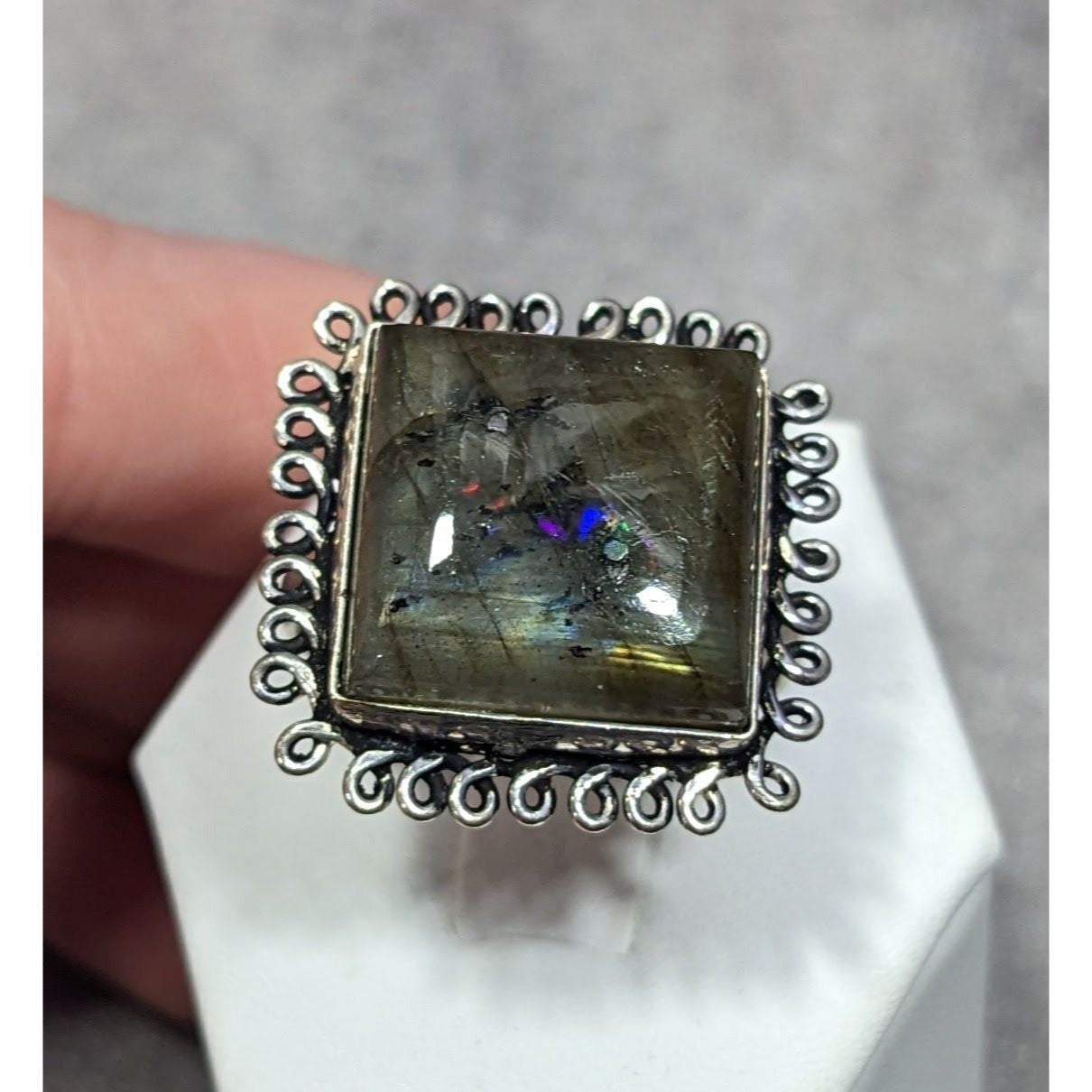 Whimsical Labradorite Square Cut Sterling Silver Ring Size 10