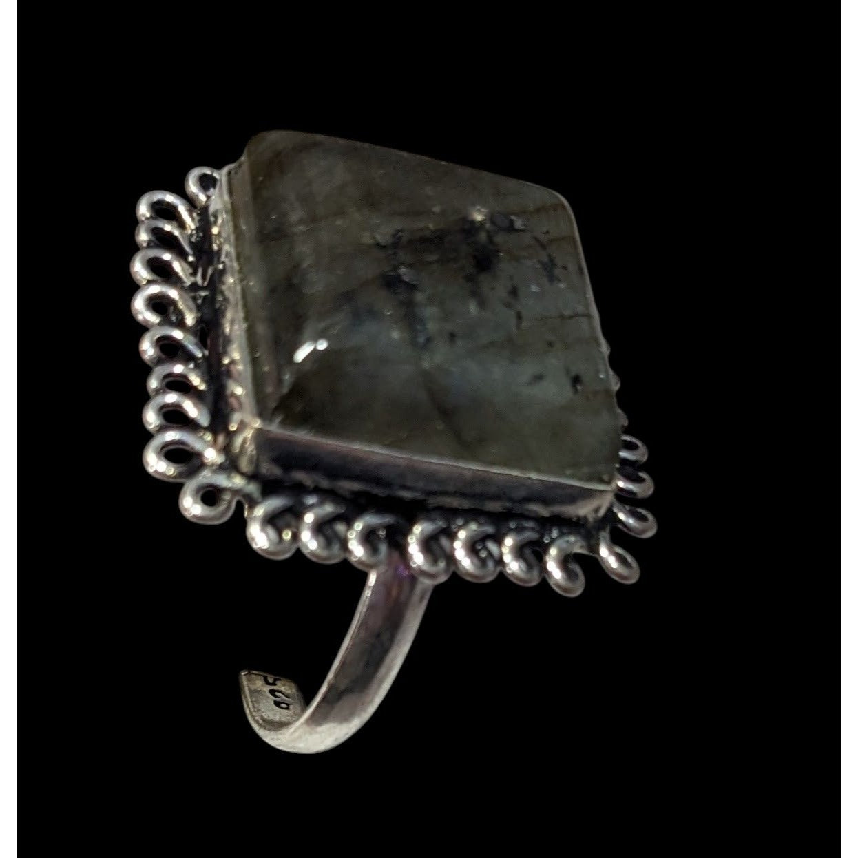 Whimsical Labradorite Square Cut Sterling Silver Ring Size 10