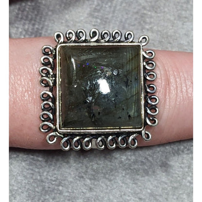 Whimsical Labradorite Square Cut Sterling Silver Ring Size 10