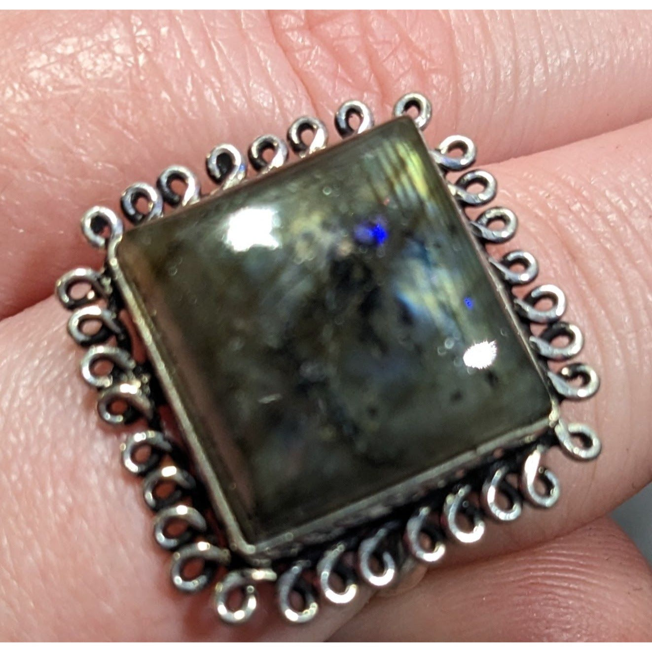 Whimsical Labradorite Square Cut Sterling Silver Ring Size 10