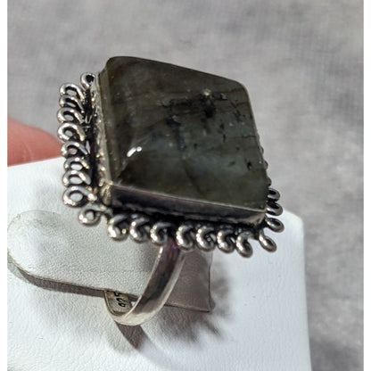 Whimsical Labradorite Square Cut Sterling Silver Ring Size 10