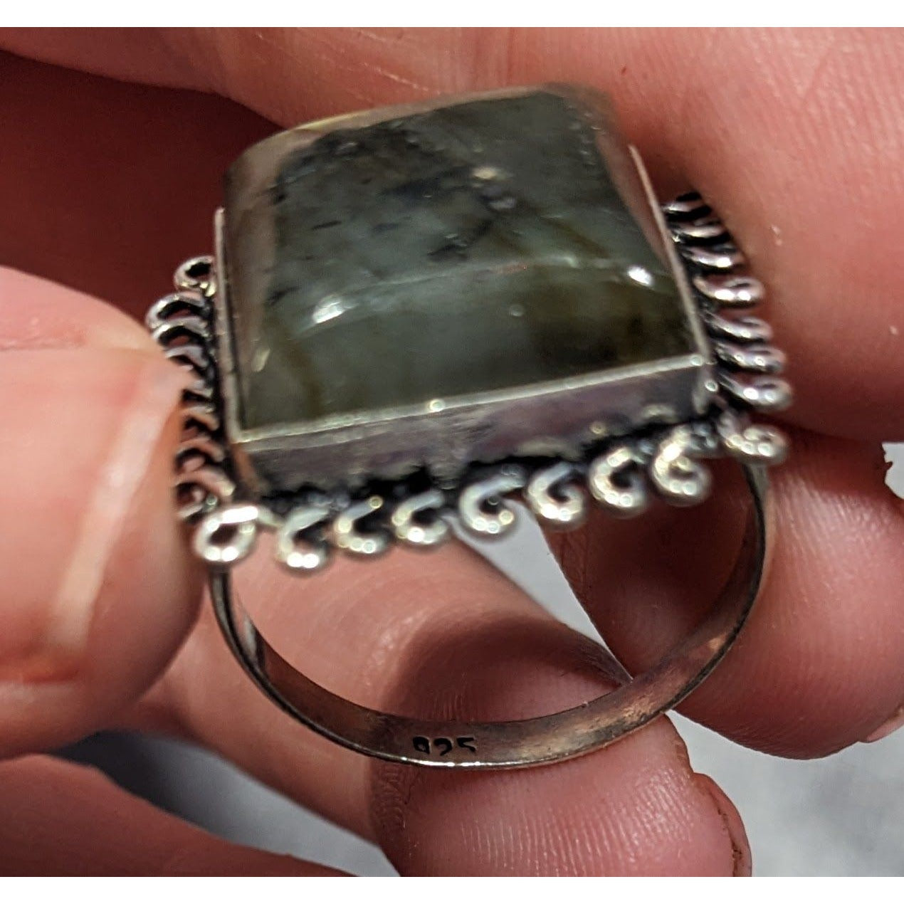 Whimsical Labradorite Square Cut Sterling Silver Ring Size 10