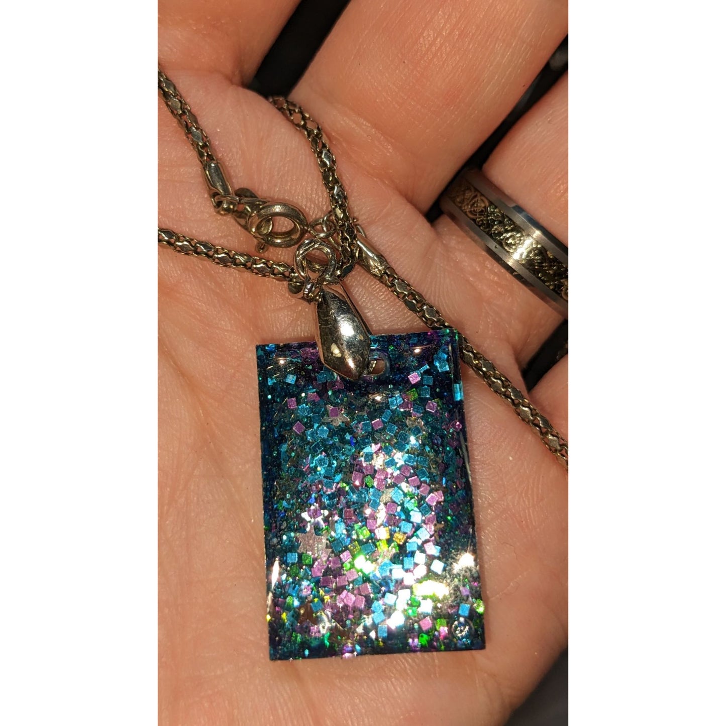 Whimsical Blue & Purple Glitter Pendant Necklace With Silver-Tone Chain