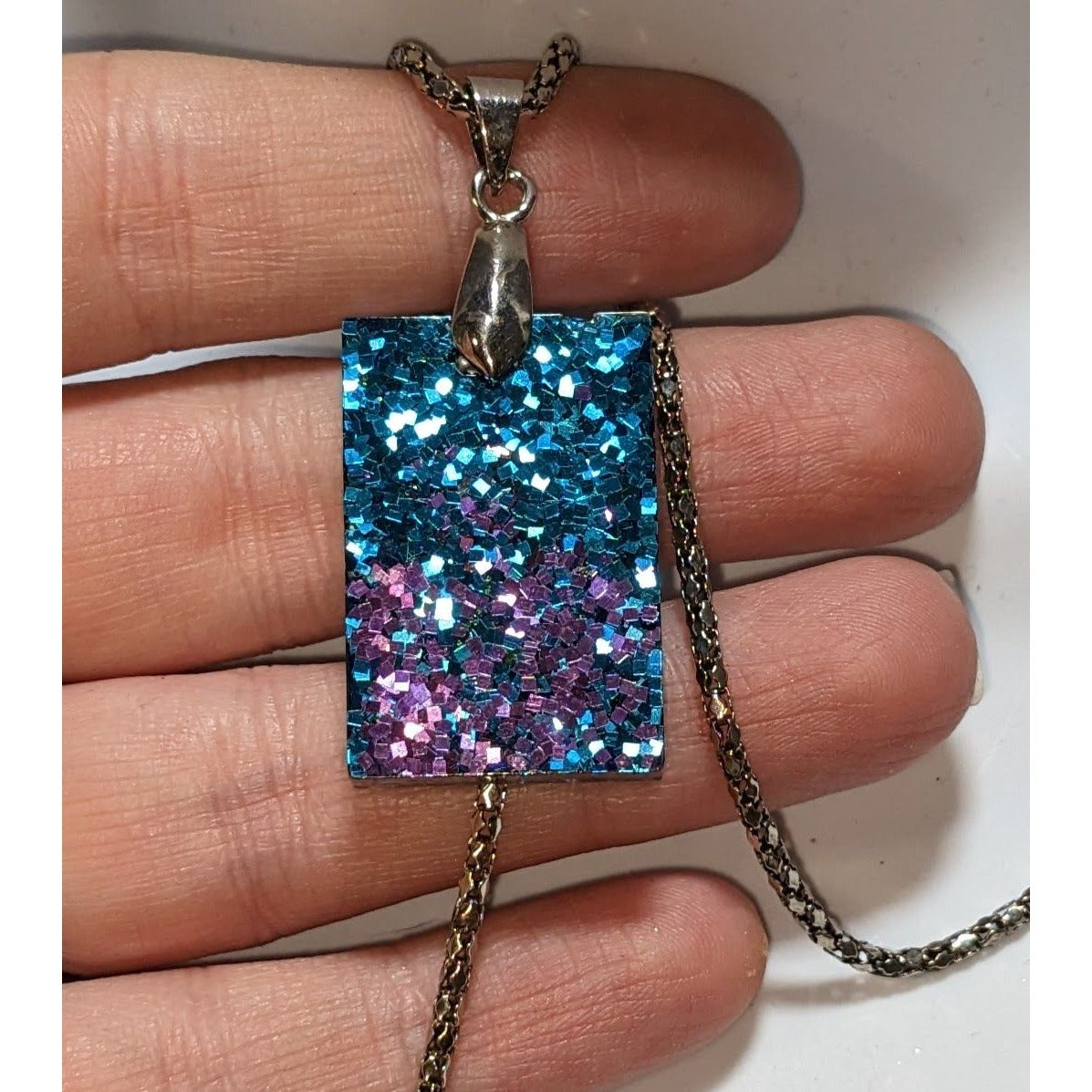 Whimsical Blue & Purple Glitter Pendant Necklace With Silver-Tone Chain