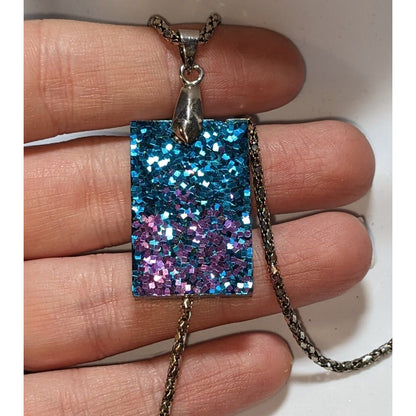 Whimsical Blue & Purple Glitter Pendant Necklace With Silver-Tone Chain