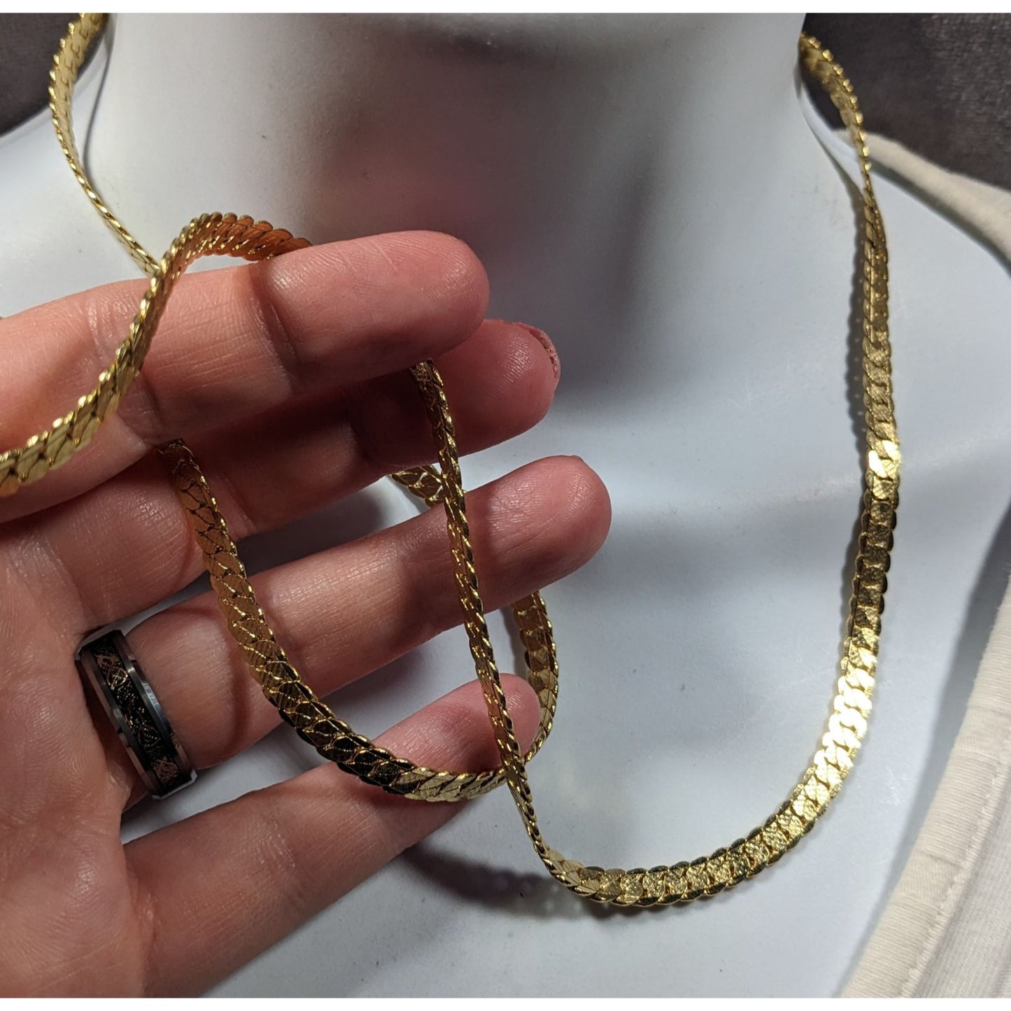Bright Gold Tone Flattened Link Chain Necklace