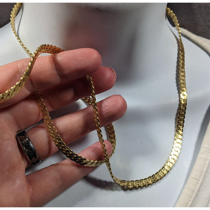 Bright Gold Tone Flattened Link Chain Necklace
